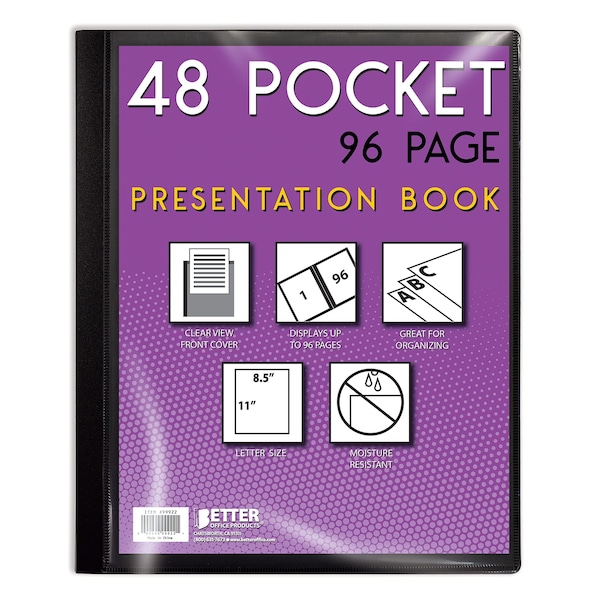 Better Office Products Presentation Book, 48-Pocket, Black, W/Clear View Front Cover, 8.5in. x 11in. Sheets 32030 - main